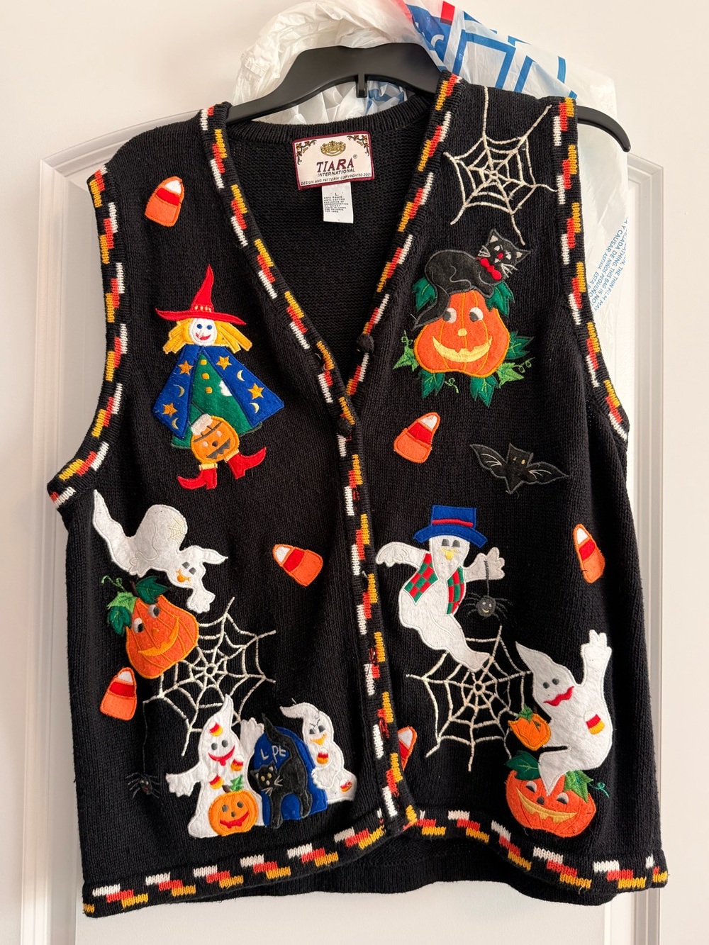 Tiara Black Halloween Vest with Colorful Appliqués